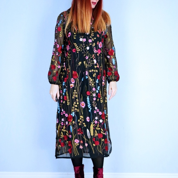 Semi Sheer Floral Embroidered Boho Maxi Dress Size Small/Medium - Picture 4 of 11